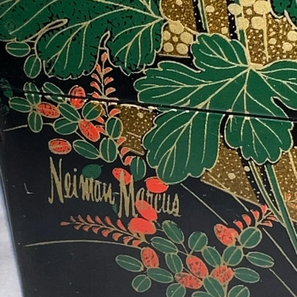 Vintage Naiman Marcus Compact Mirror Chrysanthemum Design Black Floral